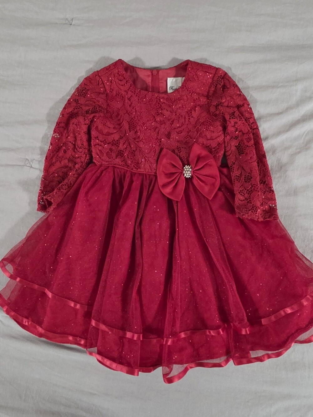 Gymboree Toddler Girl Red Lace Glitter Long Sleeve Sparkle Bow Dress Size 3T